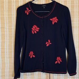 TALBOTS Womens Cardigan Embroidered 3-D Red Strawberries Knit Navy Preppy Granny